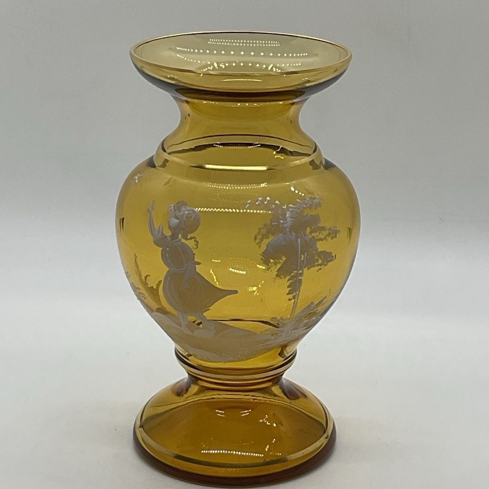 Vintage Mary Gregory Amber Glass Vase with Girl and Butterfly